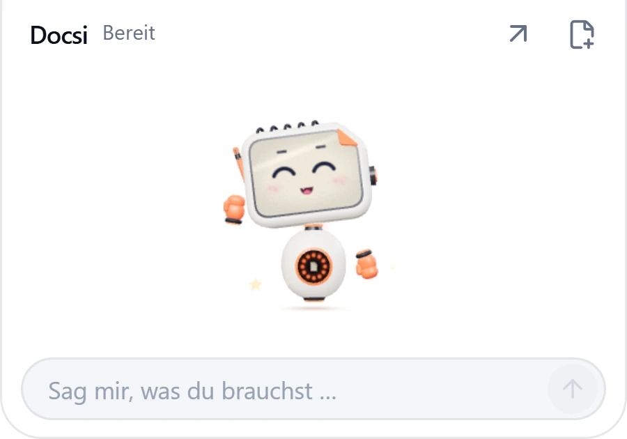Geöffnetes Docsi-Widget mit dem Roboter und einem Eingabefeld